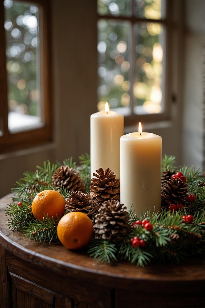 Heller Adventskranz mit Tannenzweigen und Kerzen