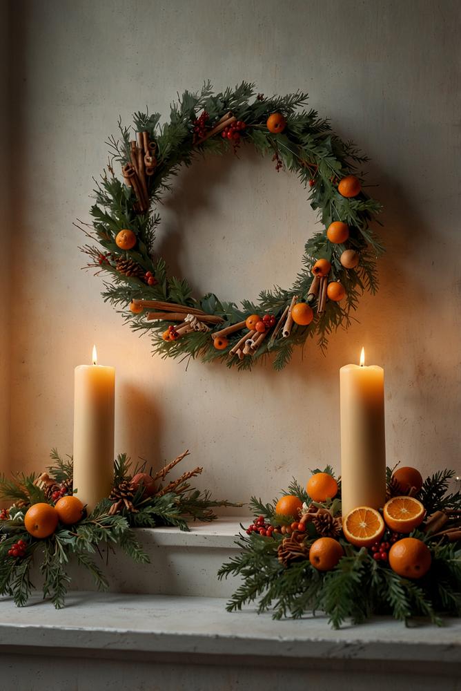 Hell erleuchteter Adventskranz an der Treppenhaus-Wand