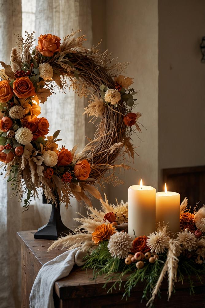 Adventskranz aus Trockenblumen und Pampasgras in hellem Raum