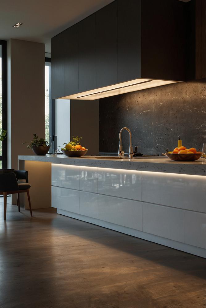 Helle Arbeitsplattenbeleuchtung in moderner Küche
