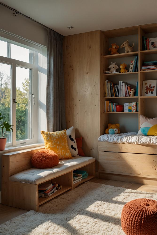 helle Aufbewahrungsbank im Kinderzimmer mit Stauraum