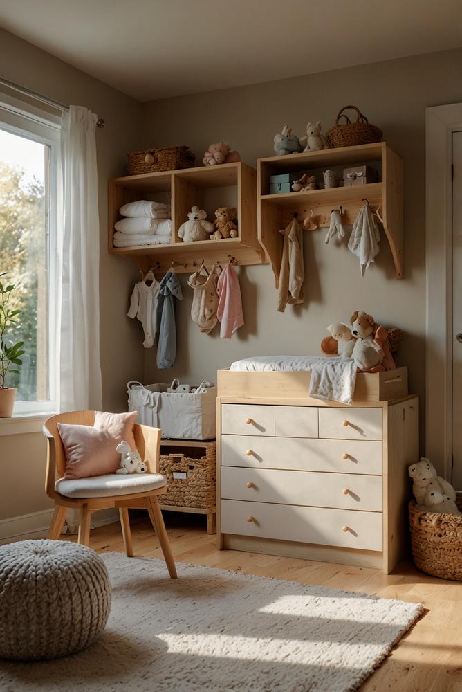 Helles, aufgeraeumtes Babyzimmer mit moderner Aufbewahrung