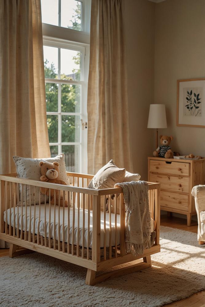 Hell und freundlich eingerichtetes Babybett im Kinderzimmer