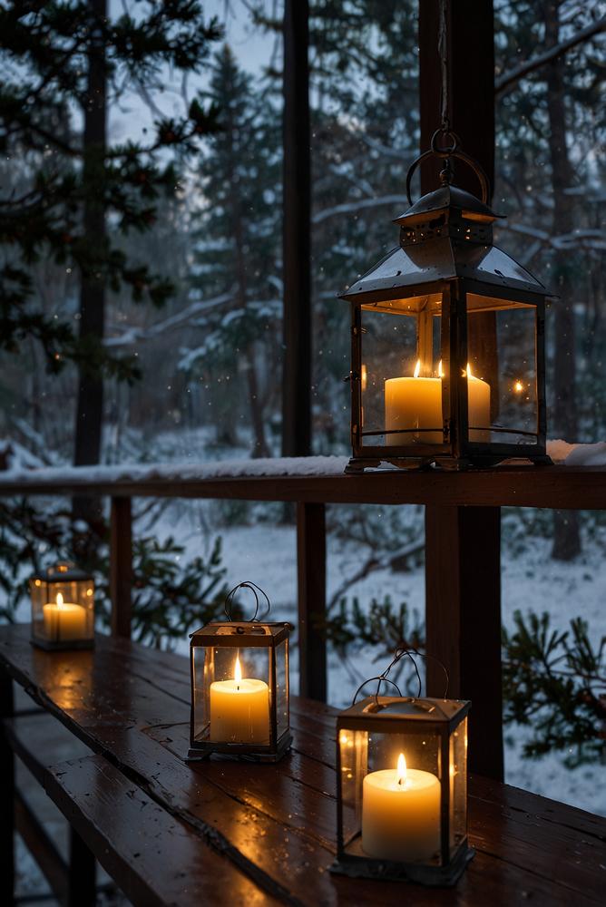Heller Balkon mit sicheren Adventskerzen in Laternen