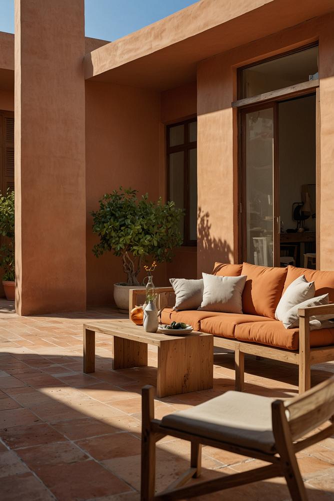 Balkon mit Terrakotta und Holz hell und einladend