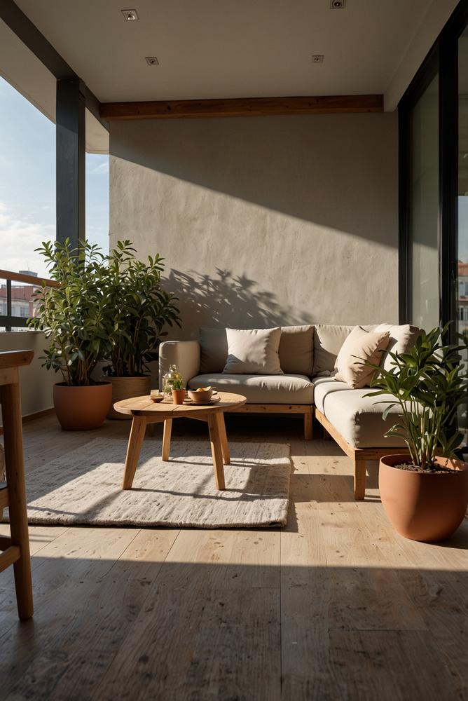 Heller Balkon mit Outdoor-Sofa und Pflanzen