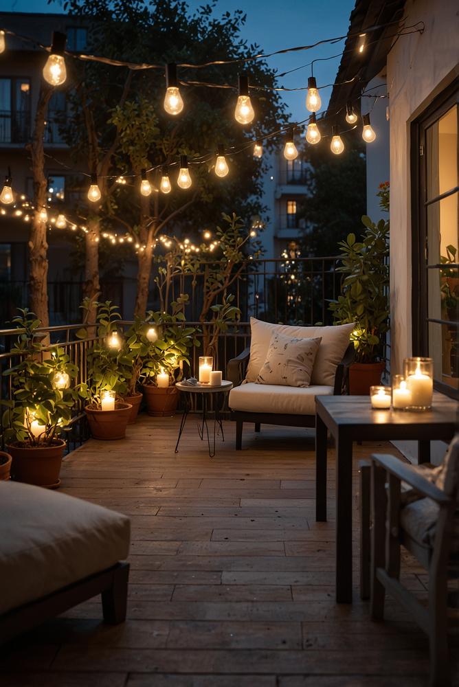 Gemütliche Balkonbeleuchtung mit warmweißen Lichtern an Sommerabend