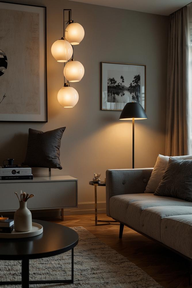 Helles Wohnzimmer mit dimmbarer Beleuchtung und modernem Design