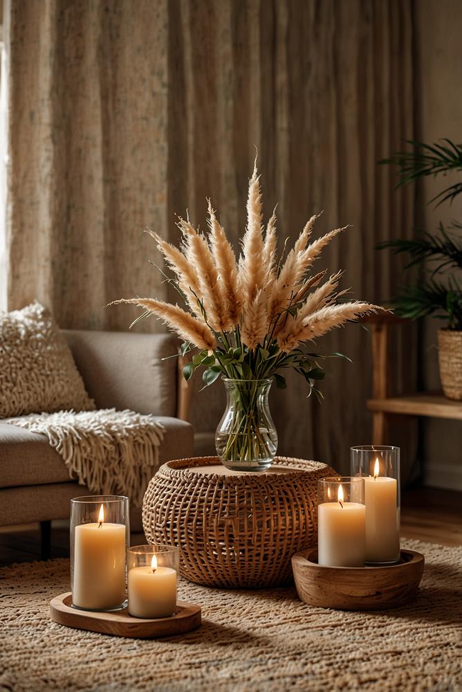 Helles Boho Adventsdeko Rattan Tischarrangement mit Kerzen