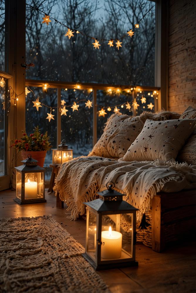 Boho Weihnachtsdeko Balkon mit Holzsternen und warmen Lichtern