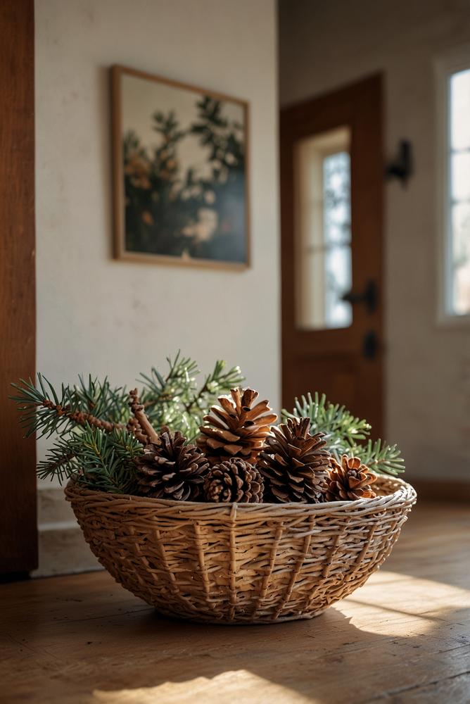Boho-Weihnachtsdeko im Eingangsbereich mit Zapfen und Schale