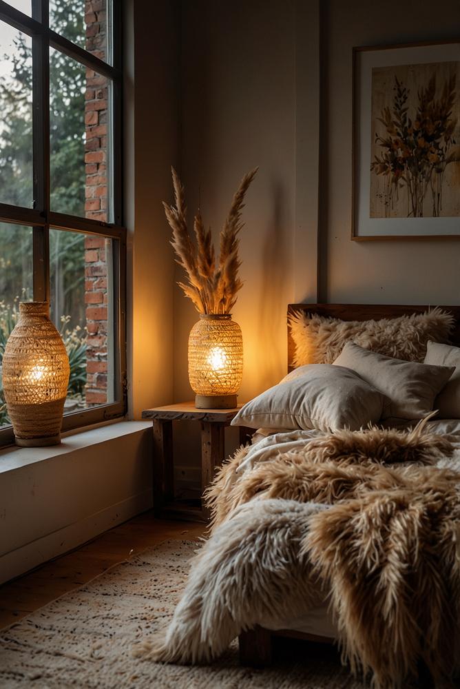 Boho-Weihnachtsdeko mit Pampasgras und Lichterkette am Fensterbrett