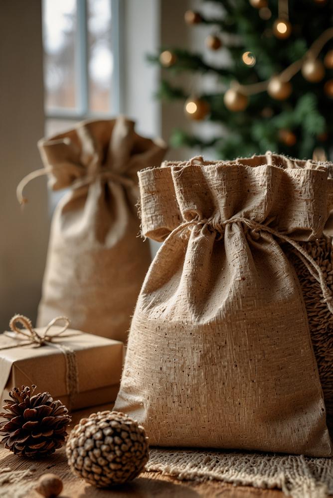 Helle Boho-Weihnachtsgeschenke in Stoffbeuteln mit Kordel