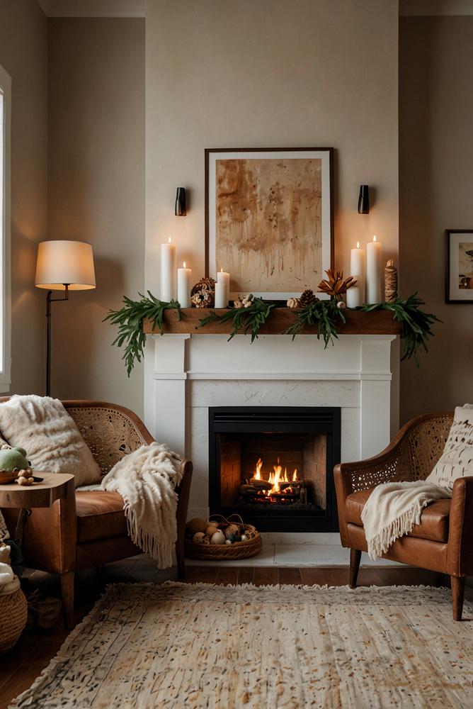 Boho Weihnachtsdeko am Kamin mit Jutegirlande und Kerzen