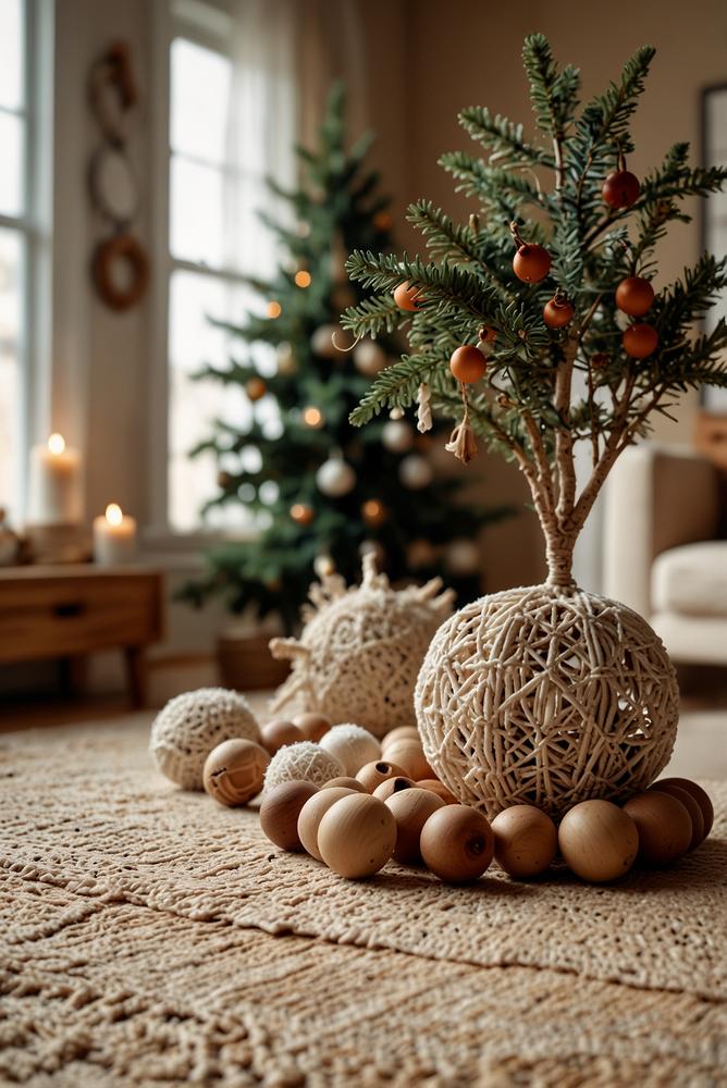 Boho Weihnachtsbaum mit hellen Makramee-Anhängern