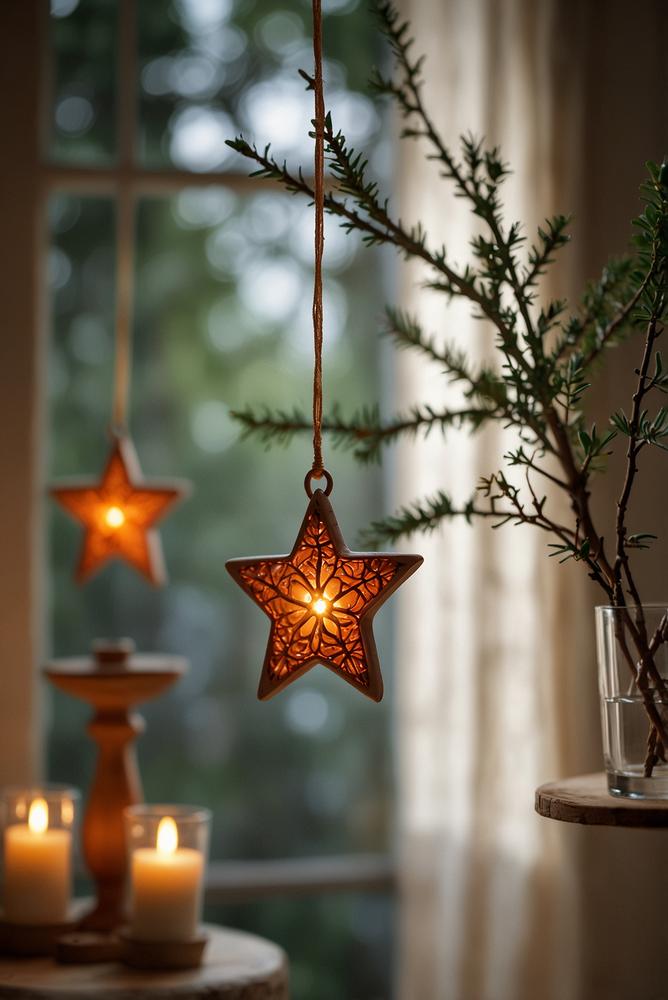 Boho Weihnachtsdeko mit Tonanhängern und getrockneten Orangen
