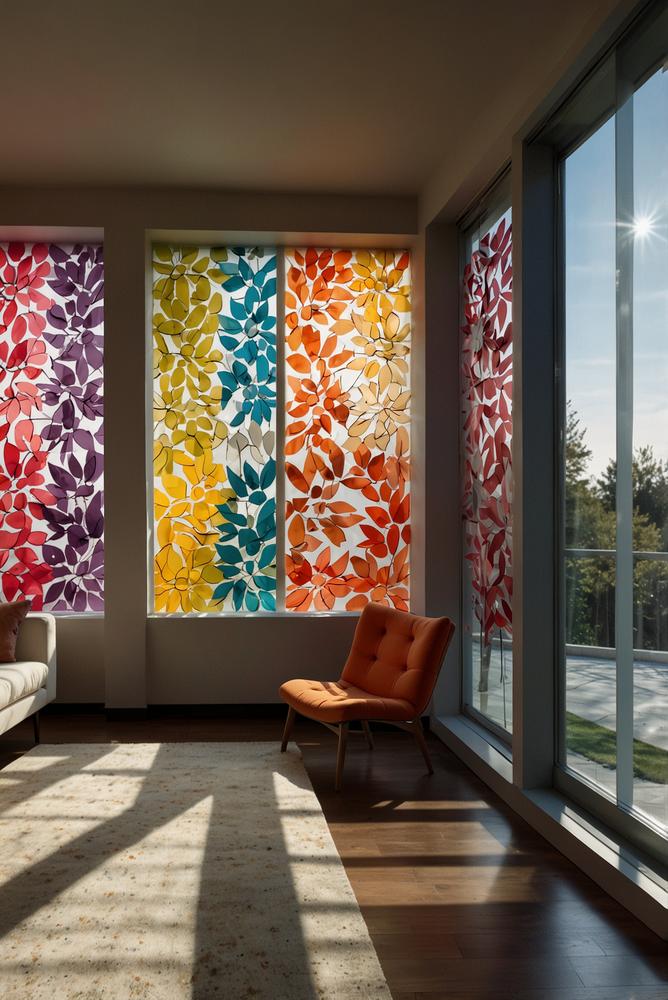 Fenster mit bunten Transparentpapier-Bildern im Sonnenlicht