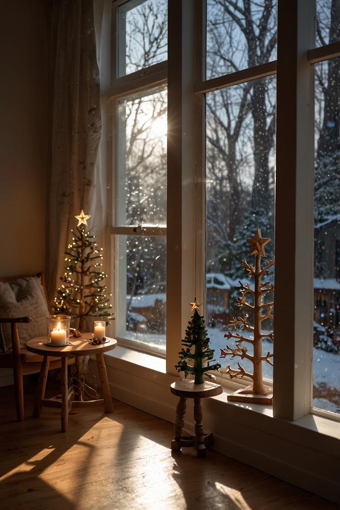 Helldurchflutetes Fenster mit Holzscheiben-Silhouetten