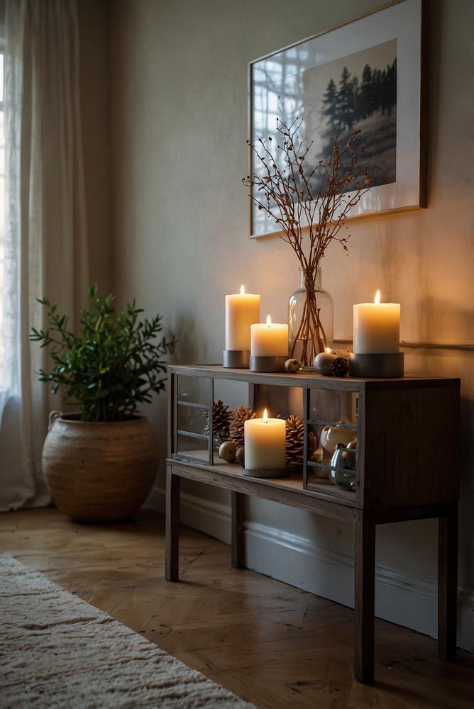 Kerzenarrangement auf Sideboard im Wohnzimmer mit Adventsdeko