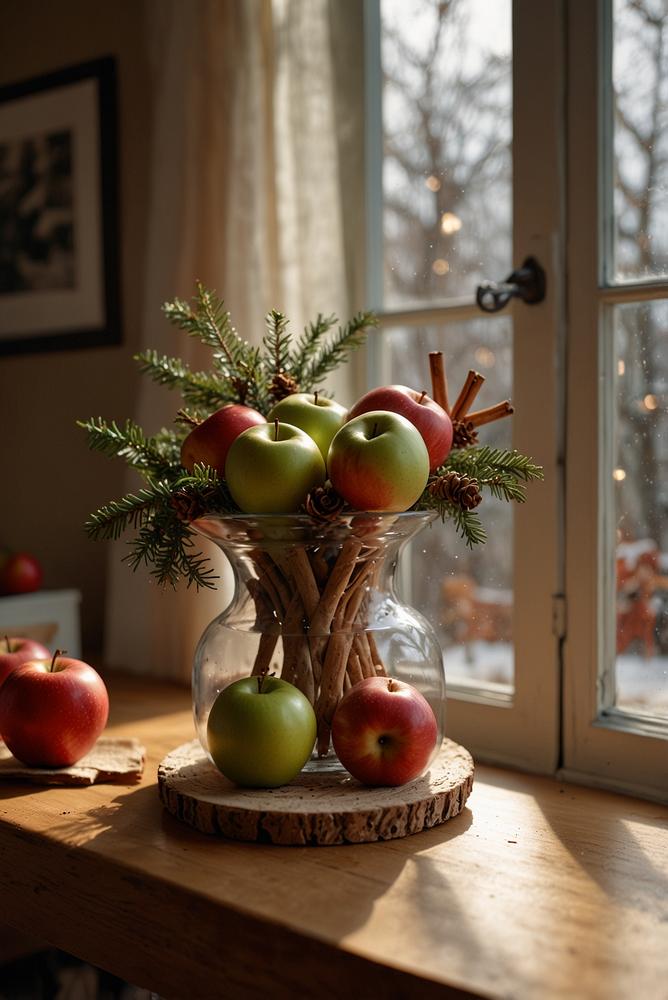 Helle Fensterbank mit Apfel-Zimt-Bündeln zur Weihnachtszeit