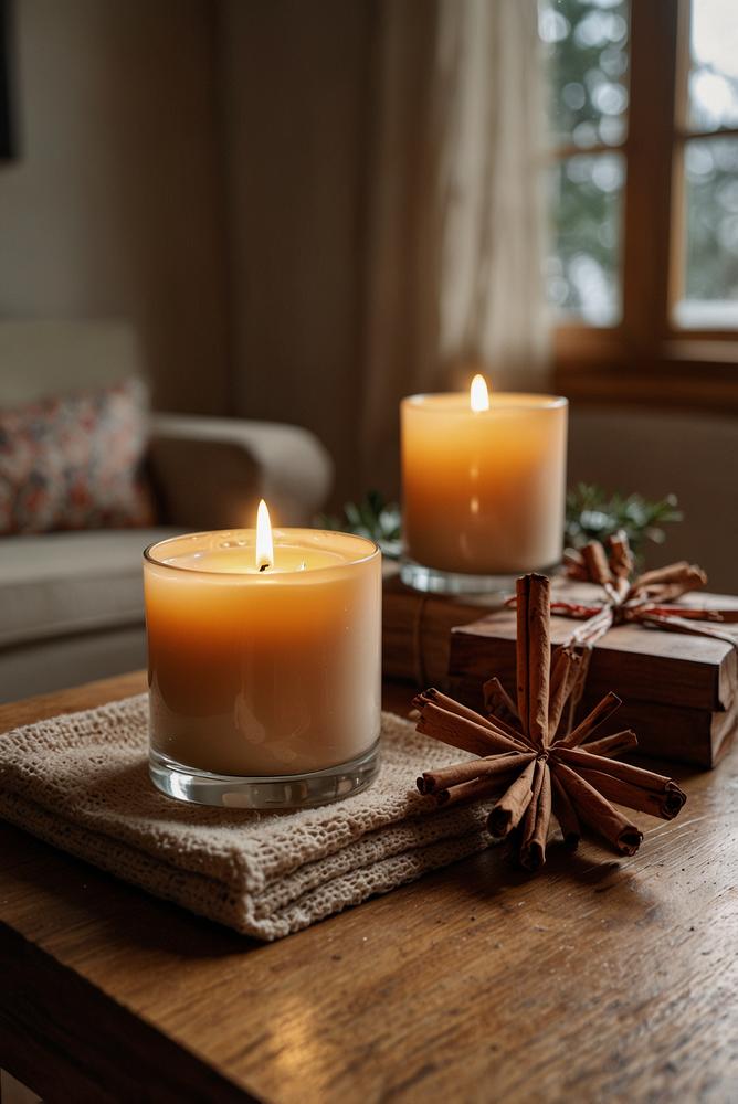 Zimt-Orangen Duftkerzen auf Wohnzimmertisch helle Stimmung