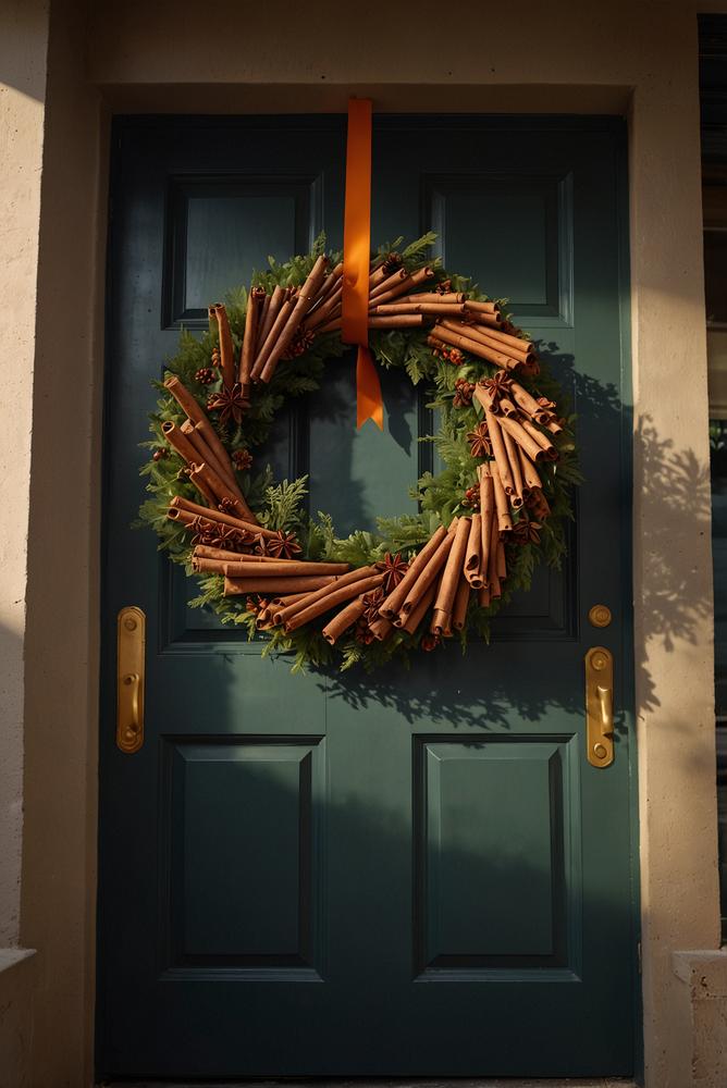 Zimtstangen-Kranz an der Haustür mit natürlichem Duft