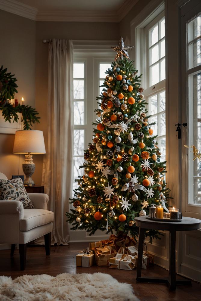 Ecktannenbaum Weihnachtsdeko in kleinem Raum hell und modern