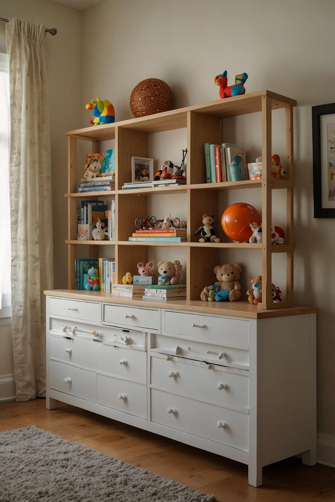 Hell eingerichtetes Kinderzimmer mit Einbauregalen und Schubladen