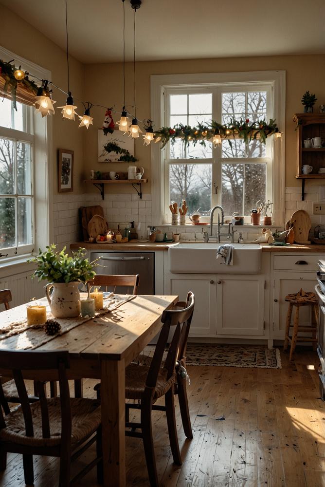 Weihnachtsdeko Familienfoto-Girlande über dem Essbereich in hellem Raum