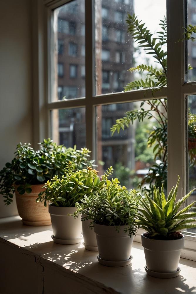 Beleuchtetes Pflanzenarrangement am Fenster bei Tageslicht