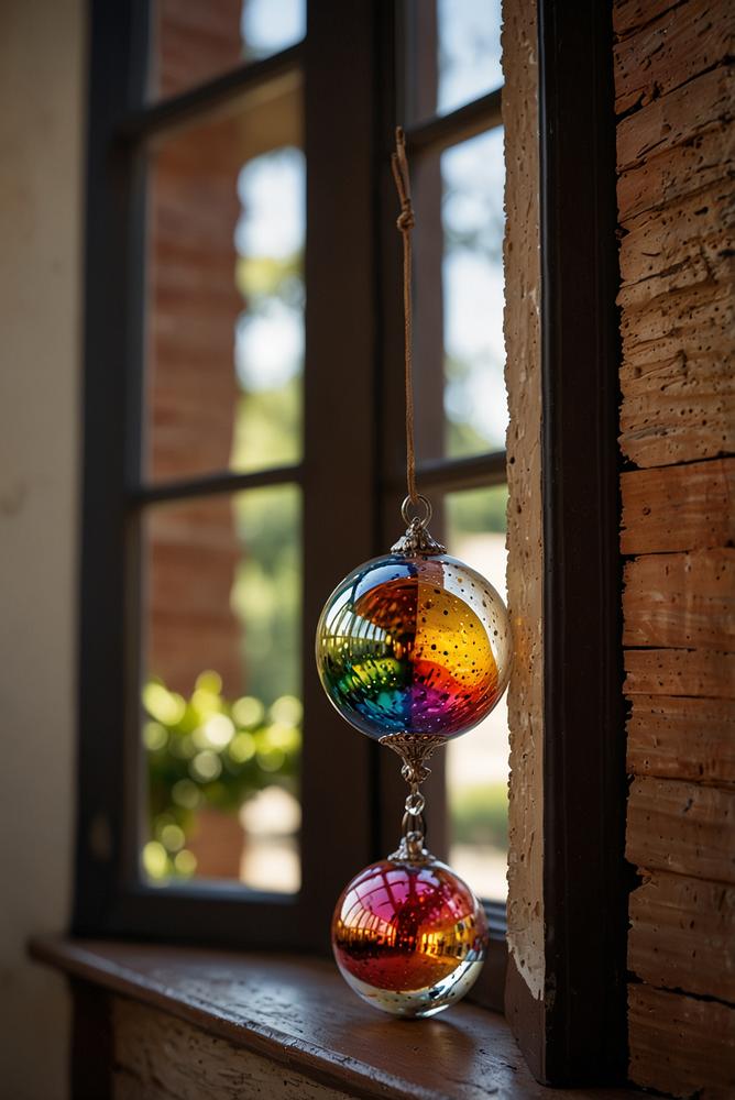 Fenster mit funkelnden Glasanhängern und Lichtspielen