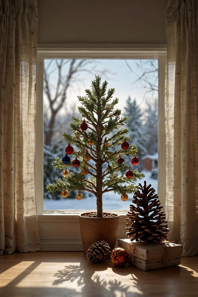 Fensterbank mit Mini-Tannenbaum und Weihnachtsdeko