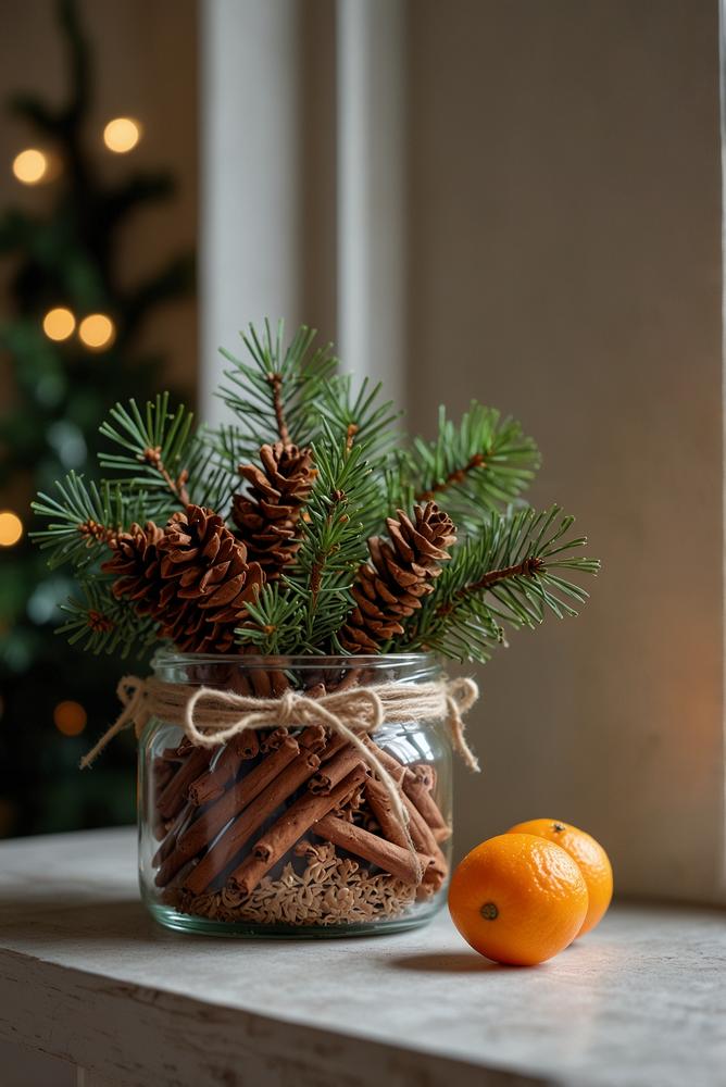 Fenstersims deko mit tannenzweigen und lichtern hell und einladend