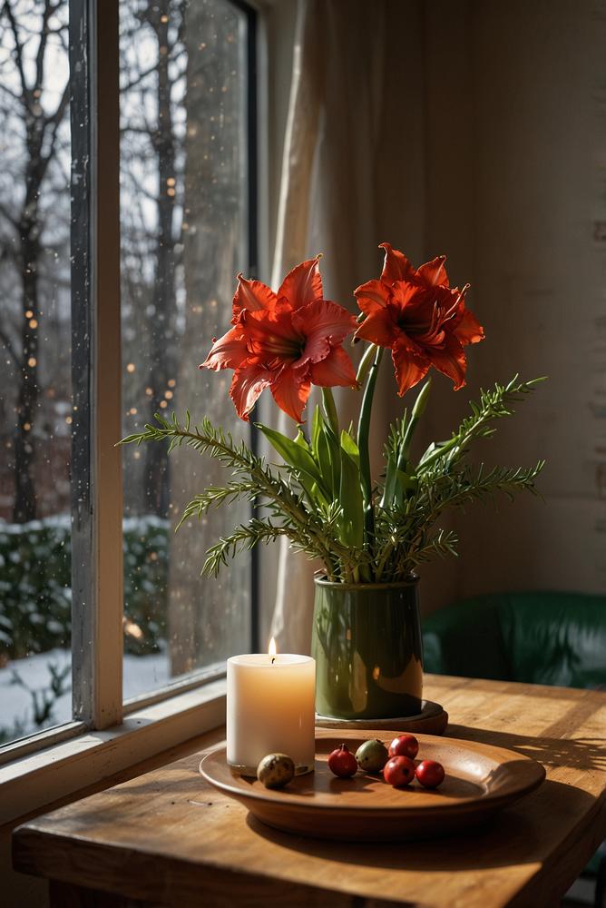 Helle festliche Fensterbank mit Amaryllis und Wintergrün
