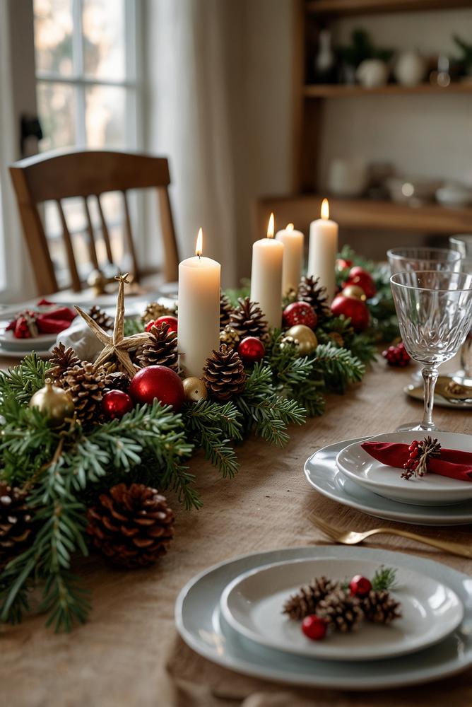 Festliche weihnachtliche Tischdecke im Essbereich hell und einladend