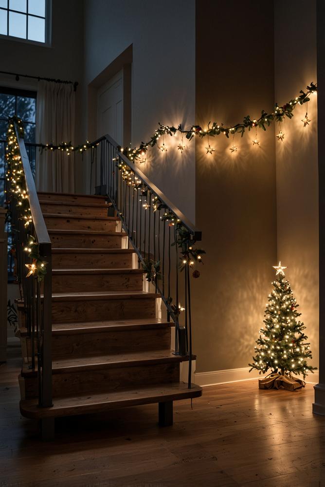 Beleuchteter Schriftzug im festlich dekorierten Treppenhaus