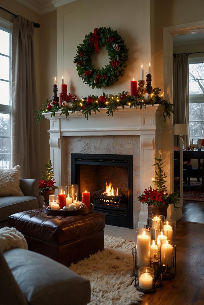 Kaminmantel mit warmweißen LED-Girlanden und Weihnachtsdeko