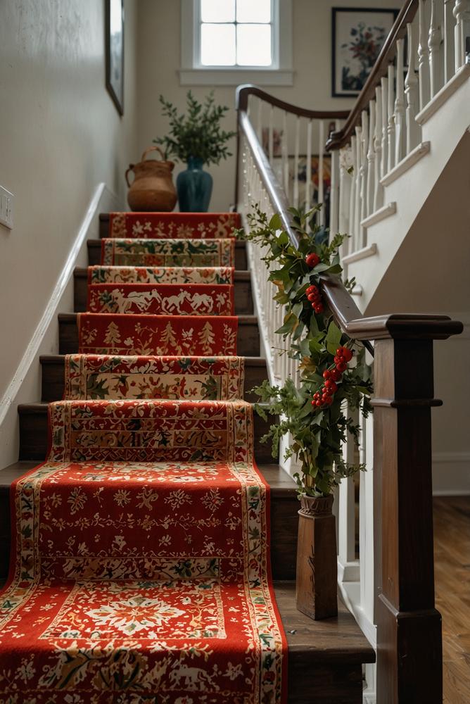 Festlicher Teppichläufer im hellen Treppenhaus zur Weihnachtszeit