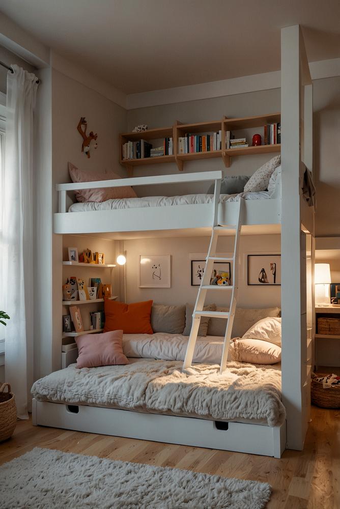 Flexibles Kinderzimmer mit Hochbett und Stauraum, hell und modern