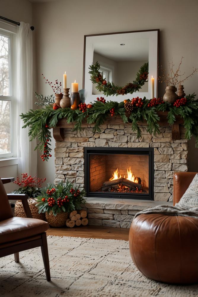 Florale Adventsdeko am Kamin mit Zweigen und Kugeln