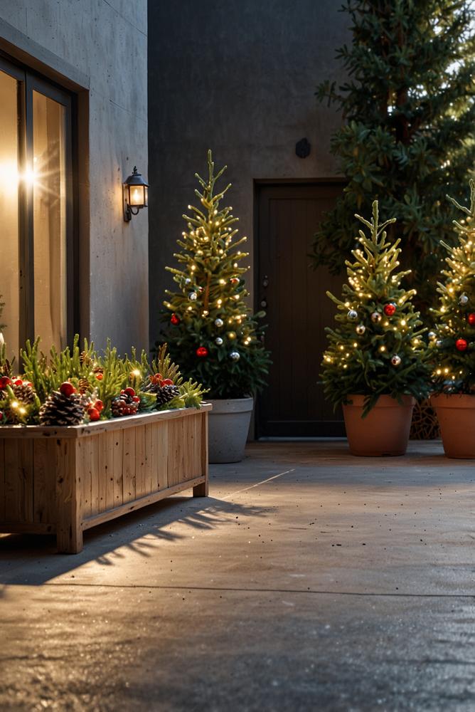Frostsichere Tannen in Pflanzkübeln auf Terrasse mit Deko
