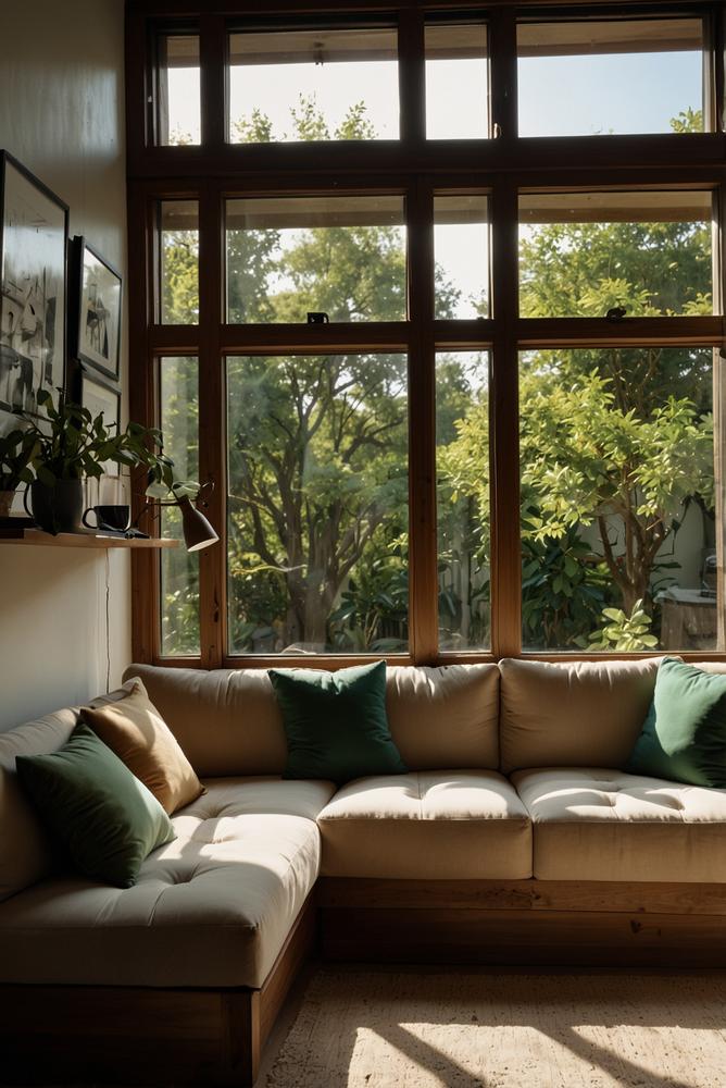 Helle, gemütliche Fensterbank im Wohnzimmer mit Kissen