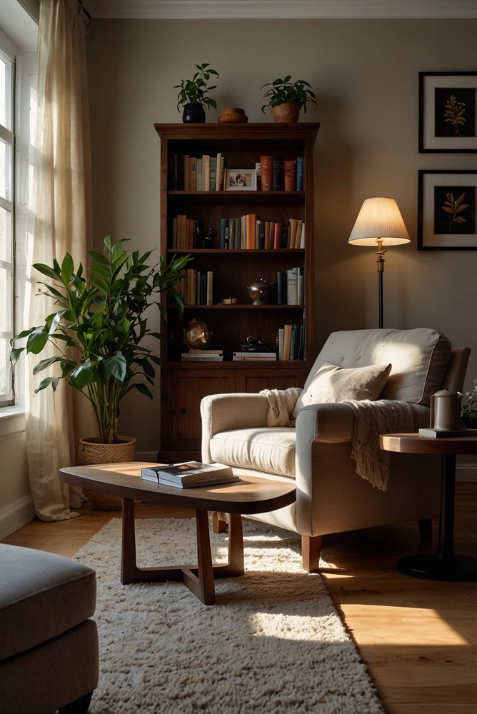 Gemütliche Leseecke mit Lesesessel und Stehlampe im Wohnzimmer