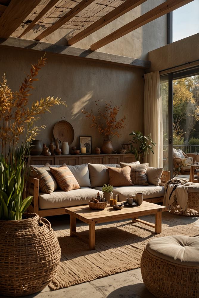 Helle Terrassen-Lounge mit natürlichen Materialien im Herbst