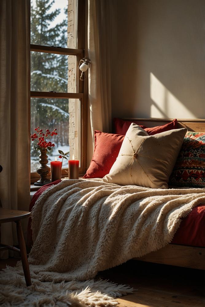 Gemütliches Kissenarrangement auf weihnachtlicher Fensterbank