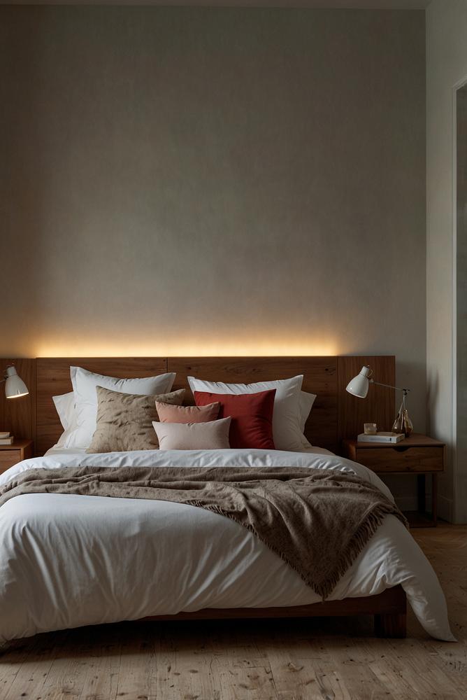 Gemütliches Betthaupt mit warmen LED-Nachtlichtern zur Weihnachtszeit