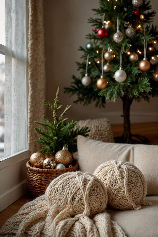 Helle, gestrickte Weihnachtskugeln am Baum mit Sonnenlicht