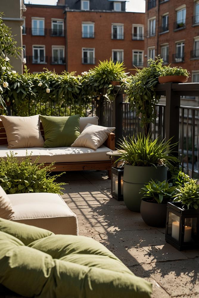 Grüner Balkon mit gemütlicher Sitzecke und Pflanzen
