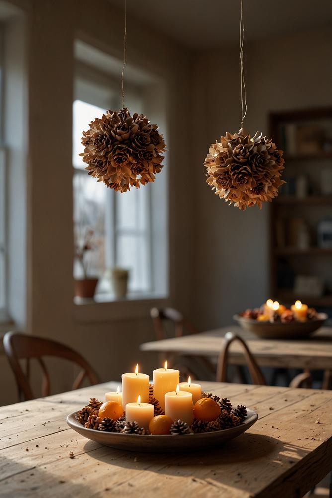 Helle Adventsdeko mit Trockenblumen und Lichterkette