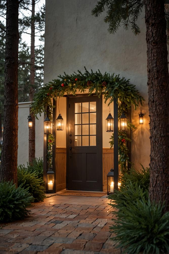 Helle Adventsdeko mit hängenden Laternen und Tannenzweigen im Eingang